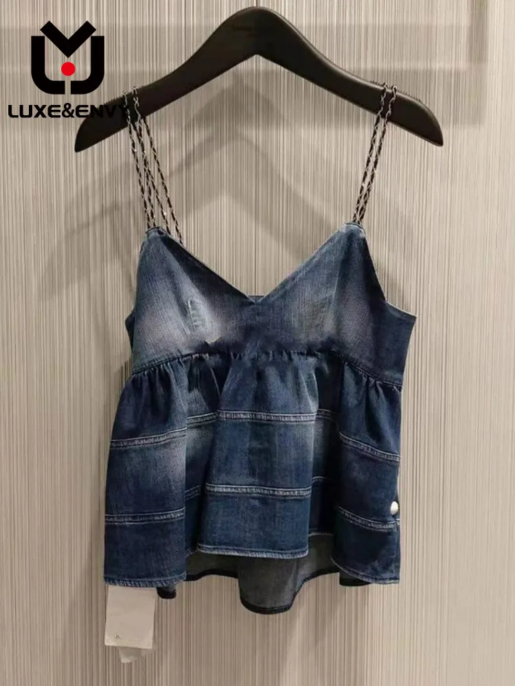 

LUXE&ENVY 2023 Summer Denim Pleated Layered Chest Strap Tank Top Sexy Slim Fit Open Back Top Female