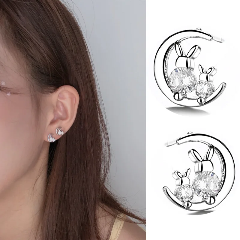 

Korean Rabbit Moon Stud Earrings for Women Zircon Crystal Star Bowknot Heart Dangle Fashion Jewelry Wedding Party Female Gift