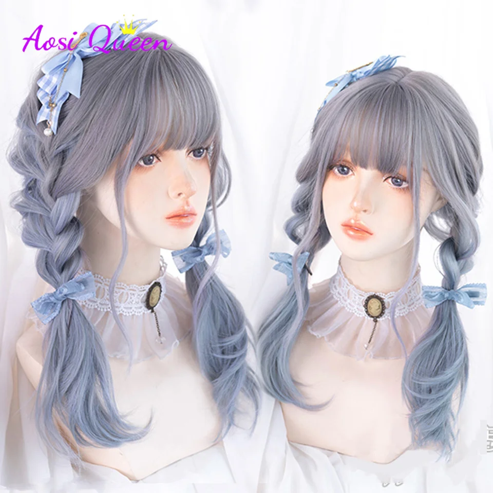 

AS Long Wavy Light purple Synthetic Wig Ombre Blonde Wig With Fluffy Bang Women Natural Heat Resistant Fiber Hair Wig