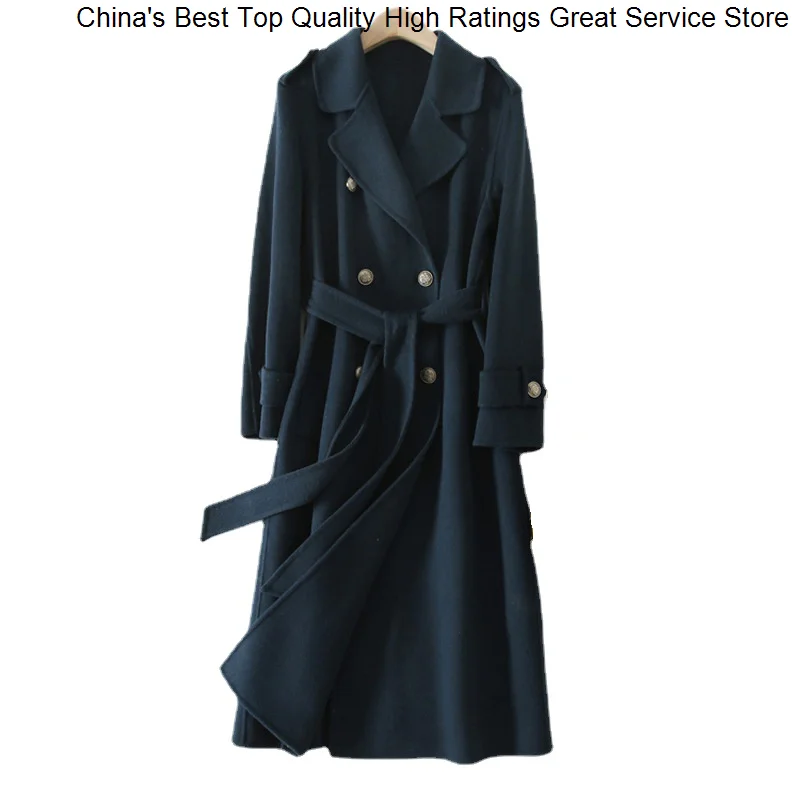 

women Hwitex Woman Wool Fur Female Trench Cashmere Classic Belt Long jackets Woolen coat HW2103