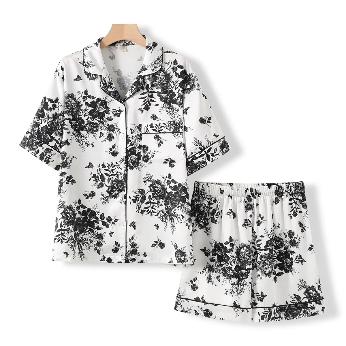 

Ink Rose Printed Shorts Pajama Set for Women's Summer Fashion Cardigan Homewear Short-sleeved Shorts Two-piece Set Pijamas Women