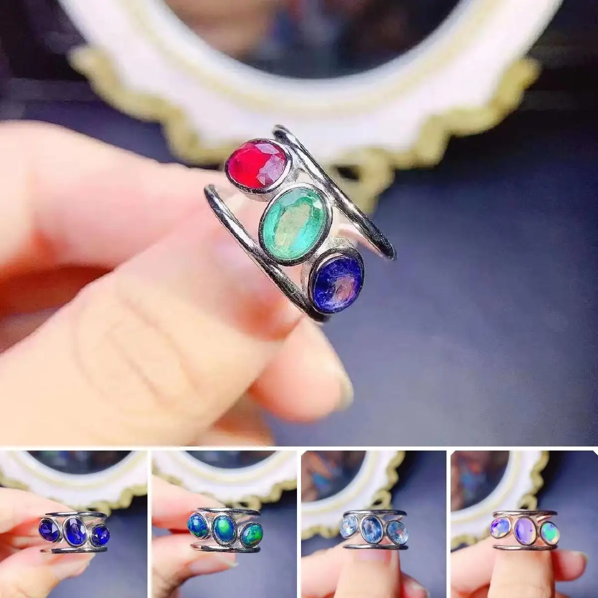 

FS Natural 5*7 Emerald Sapphire Ruby/Opal Ring Real S925 Sterling Silver Fashion Fine Weddings Charm Jewelry for Women MeiBaPJ