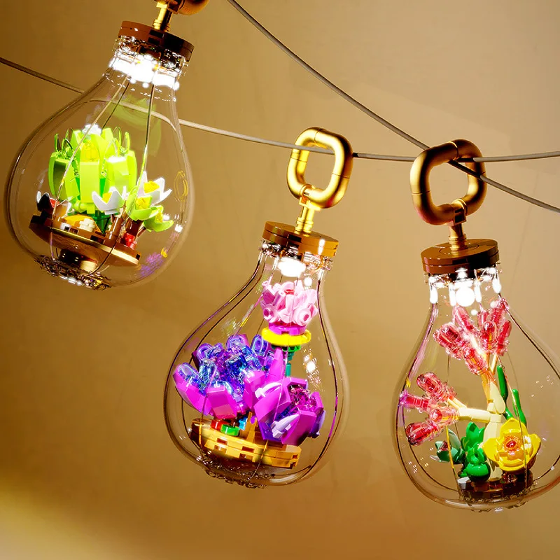 

12 Styles Creative Succulent Plants in Bulb Building Blocks Suspensable Garden Decoration Kids or Adults Hobbies Collection 2023