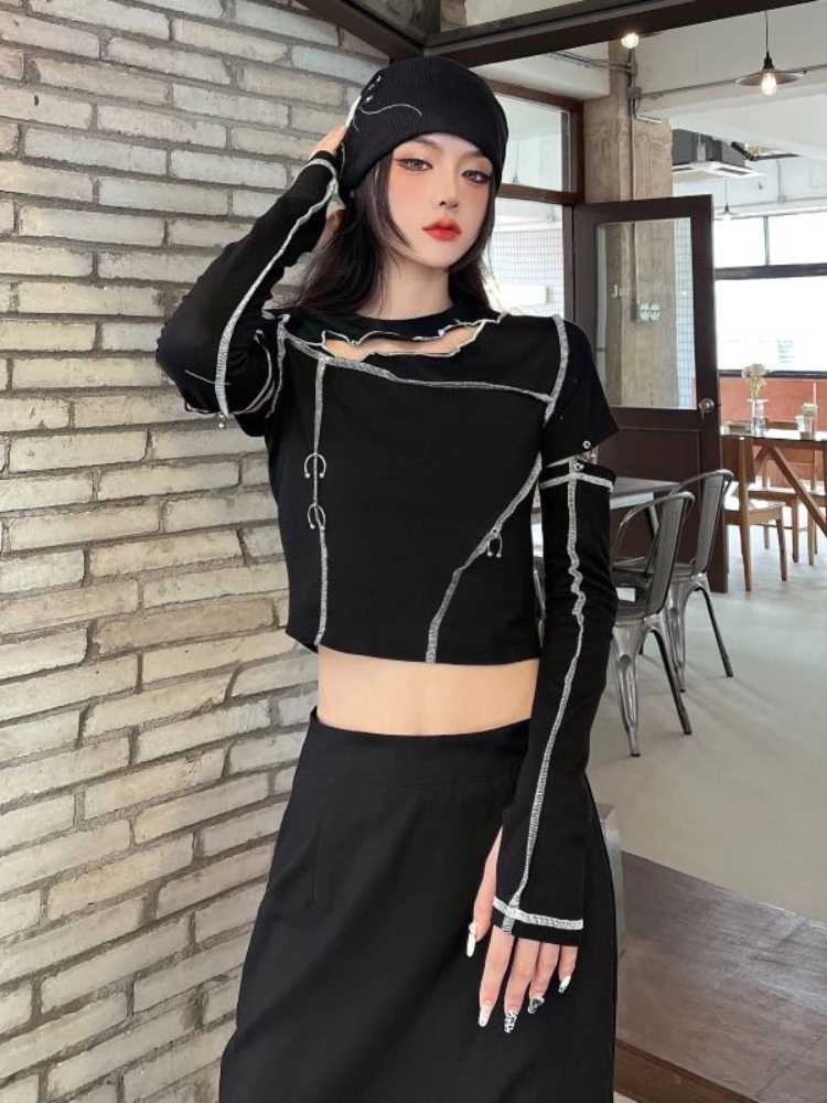 

Женская футболка с вырезами, однотонная облегающая футболка с длинным рукавом и круглым вырезом, весна-осень