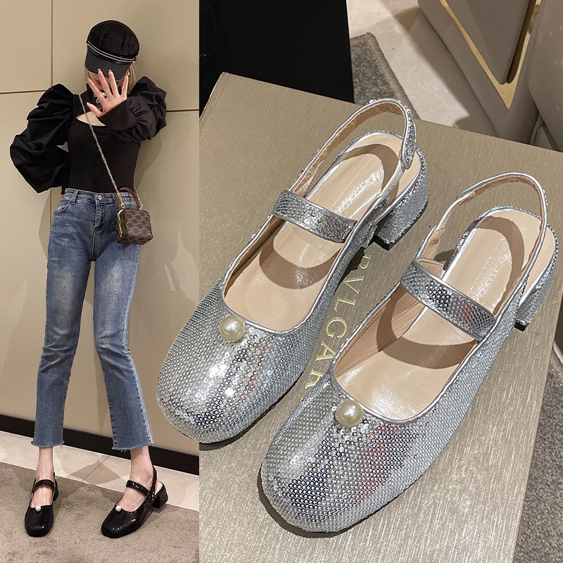 

Женские туфли на высоком каблуке 4 см, Элегантные украшения с жемчугом и блестками в стиле ретро, с круглым носком, на квадратном каблуке, сер...