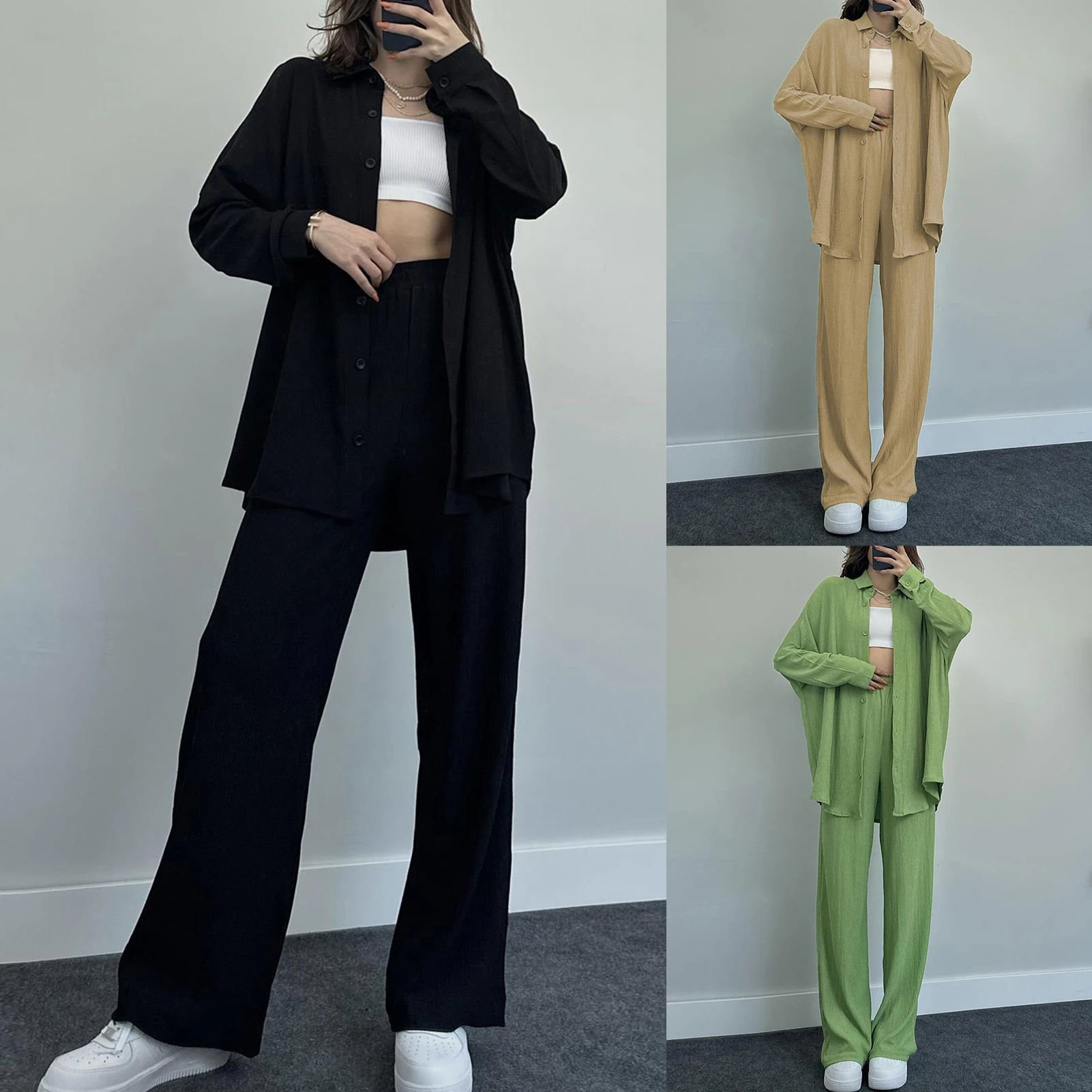 

Women Elegant Solid Colour 2 Piece Pants Sets Single Breasted Shirt+High Waist Pleated Pants Suit Loose Fit Casual Daily Outfits