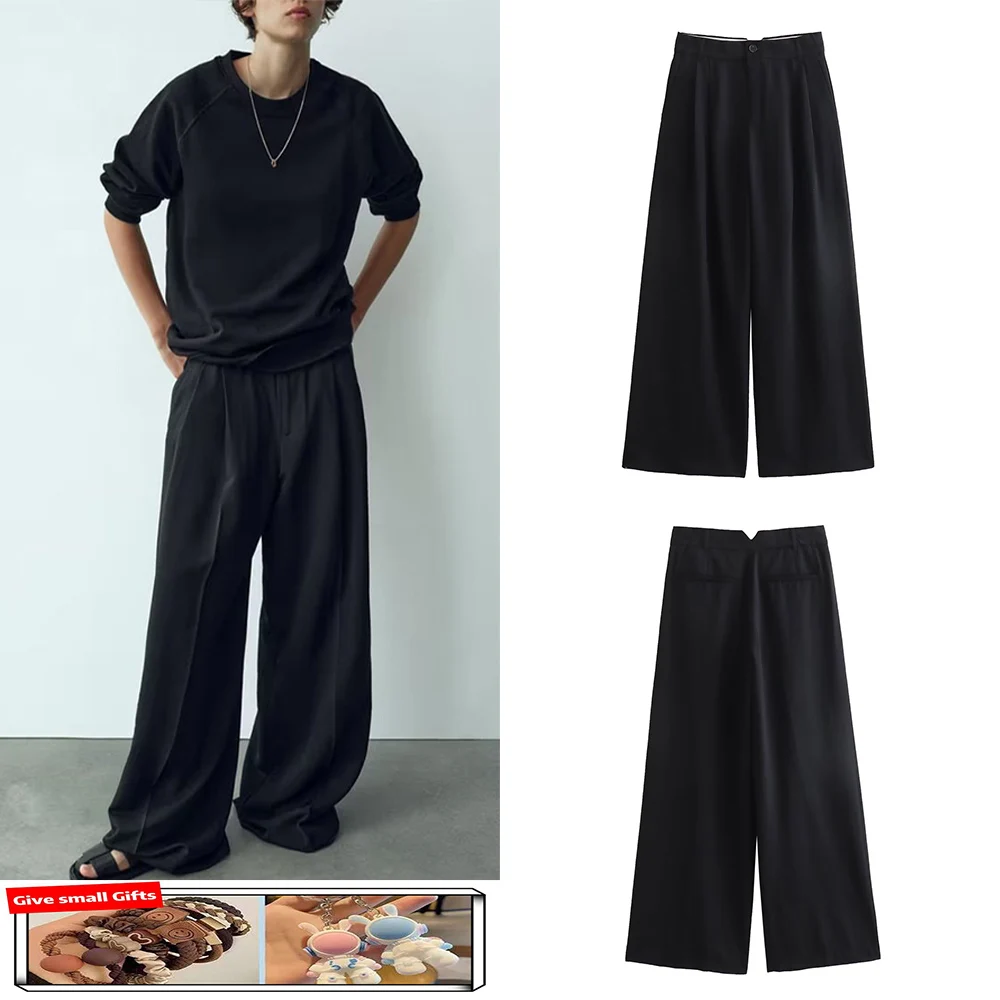 

Новинка Осень в европейском и американском стиле женские модные и универсальные облегающие черные широкие брюки с высокой талией