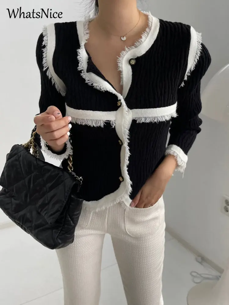 

Korean Fashion Ladies Color Contrast Botton Up Knitted Cardigan Crop Top Women Vintage Cute Casual Elastic Girls Kawaii Sweaters