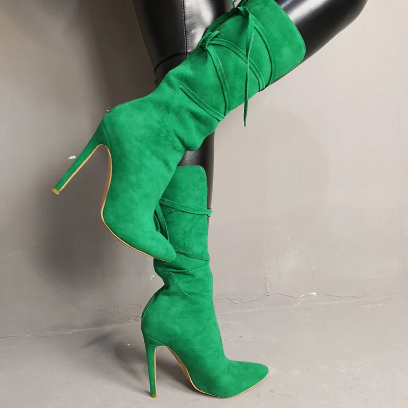 Sexy High Heels Green Boots For Women Lace Up Mid Calf Booties Pointed Toe Fashion Flock Lady Party Shoes Spring Female Botas