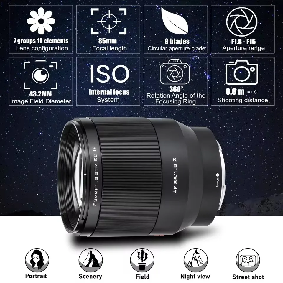 Фото VILTROX 85mm F1.8 II STM объектив с автофокусом и фиксированным фокусным расстоянием, с большой апертурой, для беззеркальных камер Nikon Z, Sony E, Fuji FX. №2