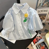 2022 artistic three dimensional tulip short shirt womens summer bubble sleeve top kawaii shirt retro sweet shirts for women