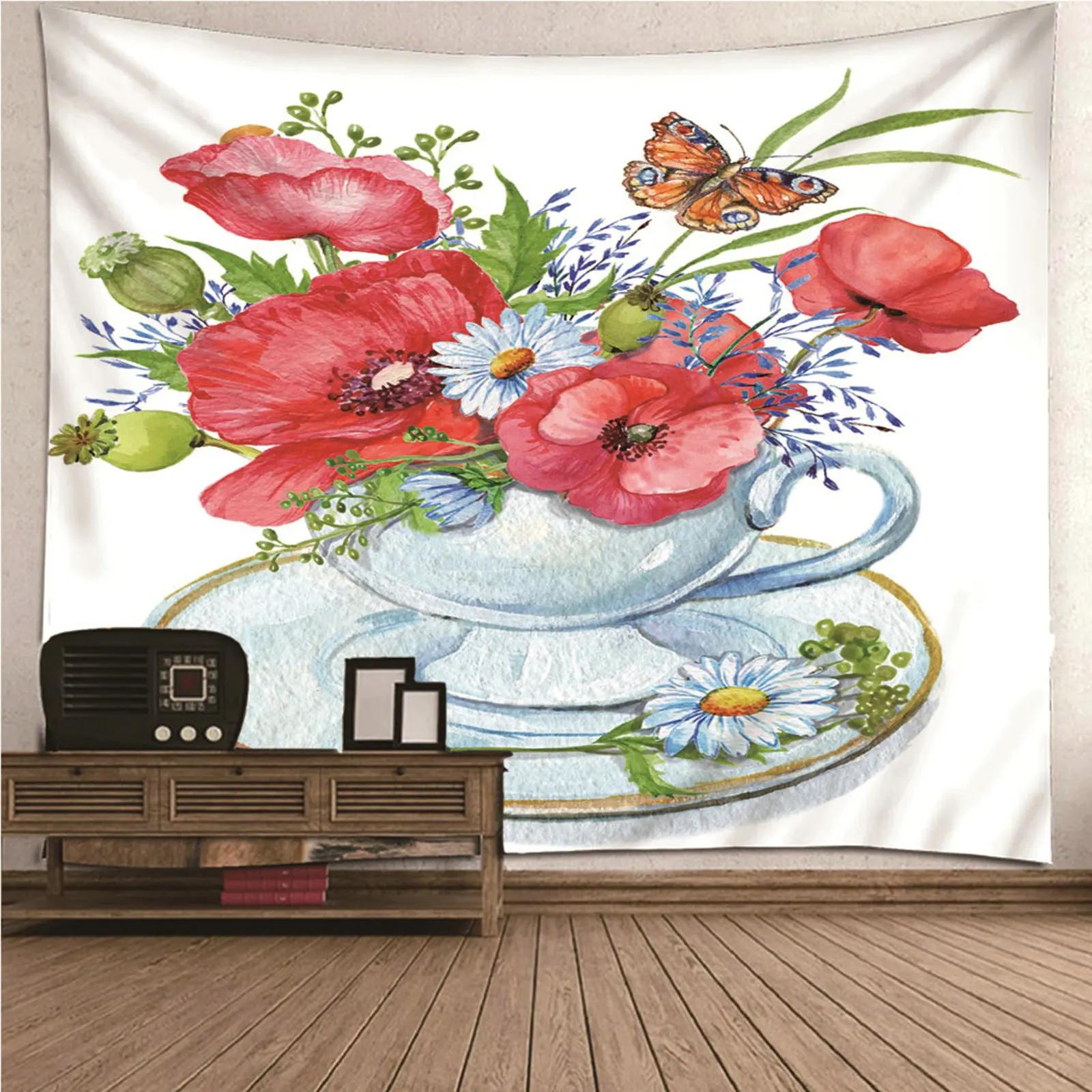 

Женский Цветной гобелен, недорогой цветок с растениями, кофейная чашка с цветами и бабочками, настенный подвесной художественный Декор для ...