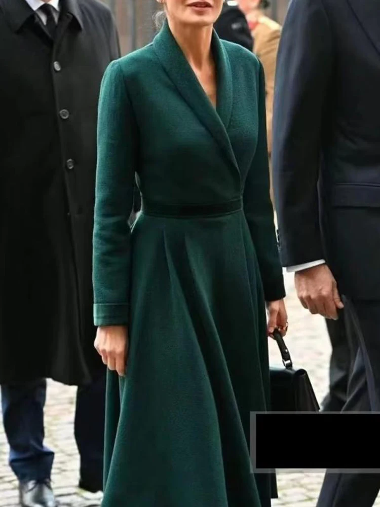

Runway Fashion 2022 Winter Wool Midi Coat Women Green Long Sleeve High Quality Elegant Office Lady