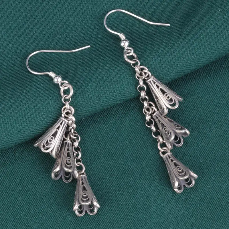 

100% 925 Sterling Silver Morning Glory Long Earrings for Women Retro Ethnic Style Small Flower Earrings Jewelry Wholesale EH142