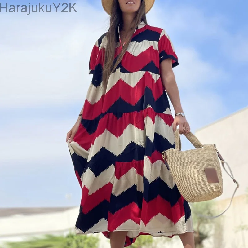 

Ethnic Striped Print Hem Boho Long Dress Women 2023 Spring Button Down V-neck Shirt Dress Summer Short Sleeve Office Party Dress