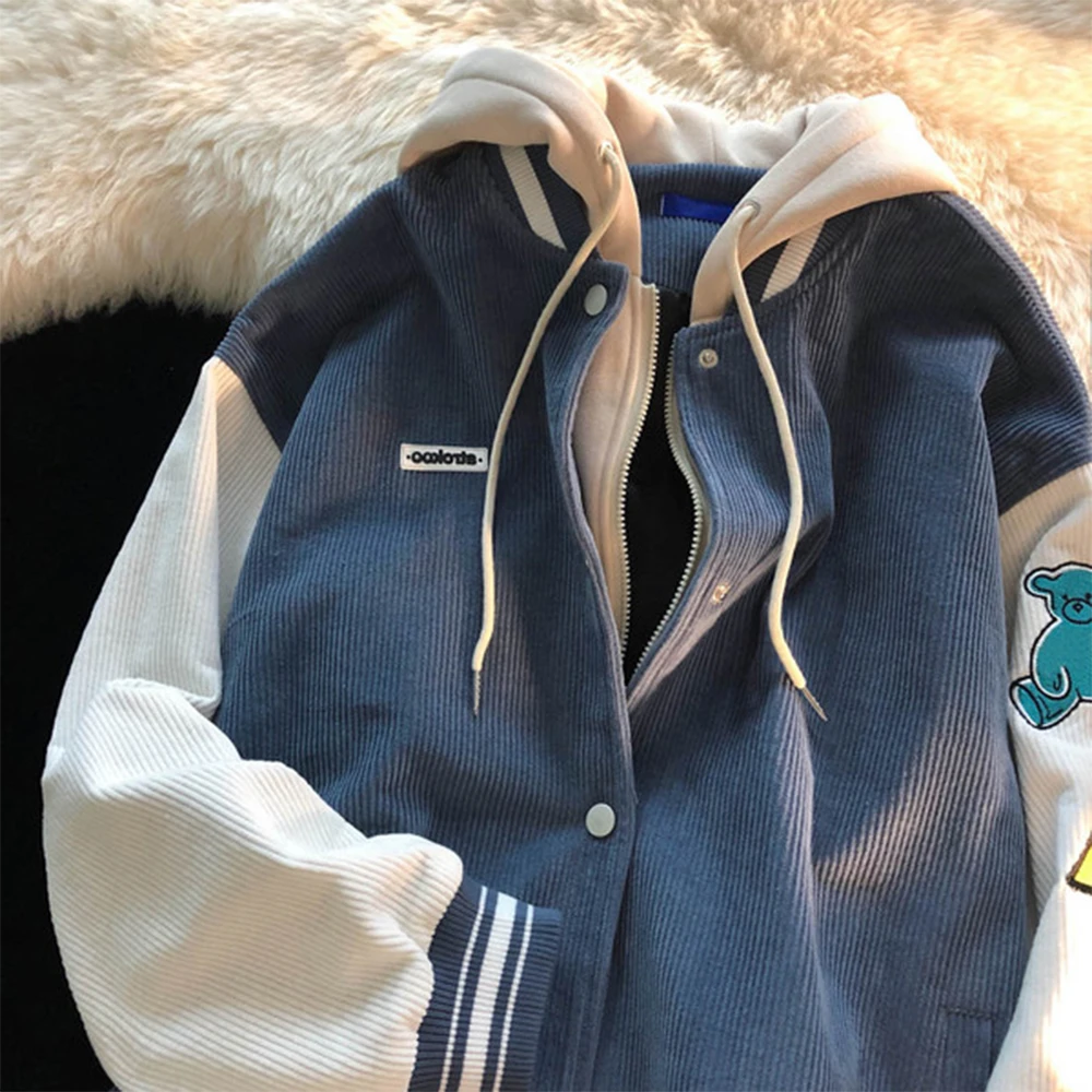 

2023 вышитая поддельная Вельветовая куртка с маленьким медведем, Мужская и Женская осенне-зимняя свободная бейсбольная куртка небольшого размера