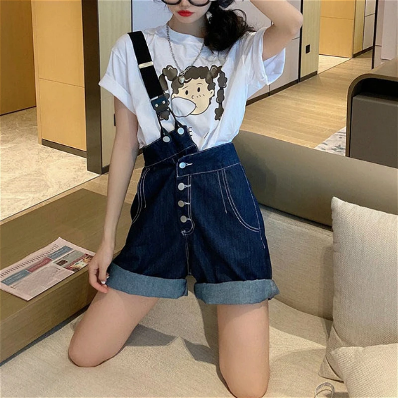 Women Stylish One Shoulder Design Denim Simple Button Preppy Girls Rompers Playsuits Summer New Korean Womens Clothing All-match