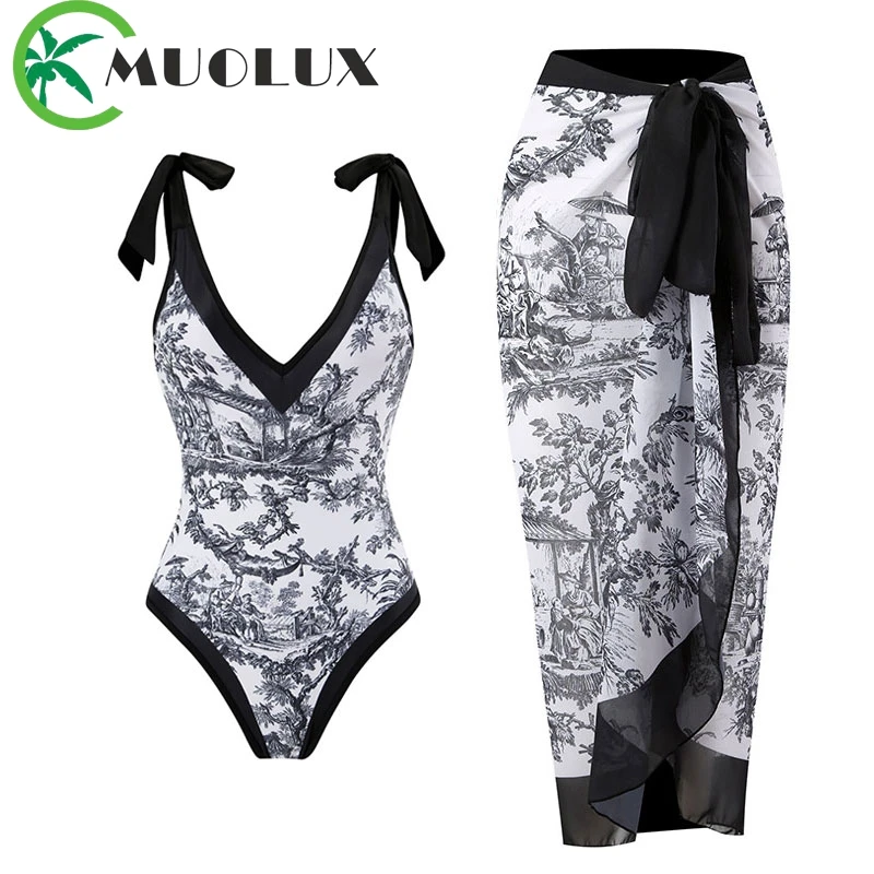 

MUOLUX 2023 New Vintage One Piece Swimsuit Women Swimwear Skirt Sexy Print Cover Up Beach Summer Monokini Swim Dress Bodysuit