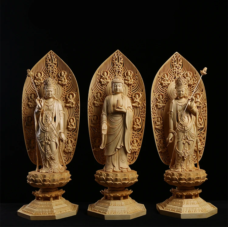 

Solid Bodhisattva Buddha Statue Wood Carving East 3 Gods For Home Buddhist Folk Crafts