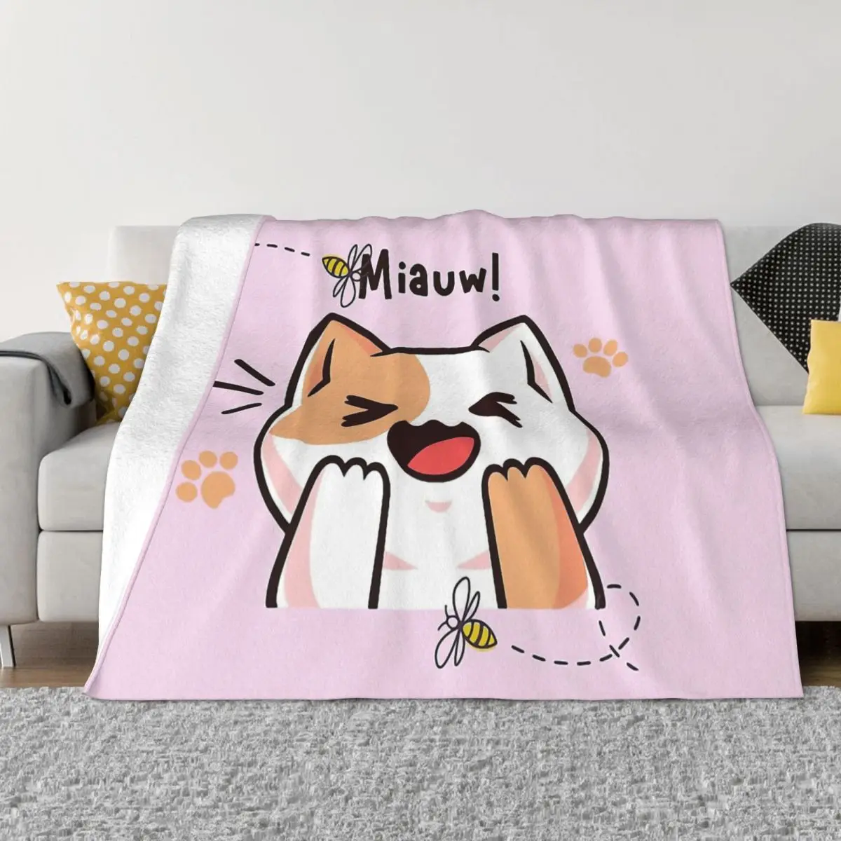 

Bee and Puppycat Cat Cartoon Cute Blanket Flannel Spring Autumn Warm Throws For Winter Bedding