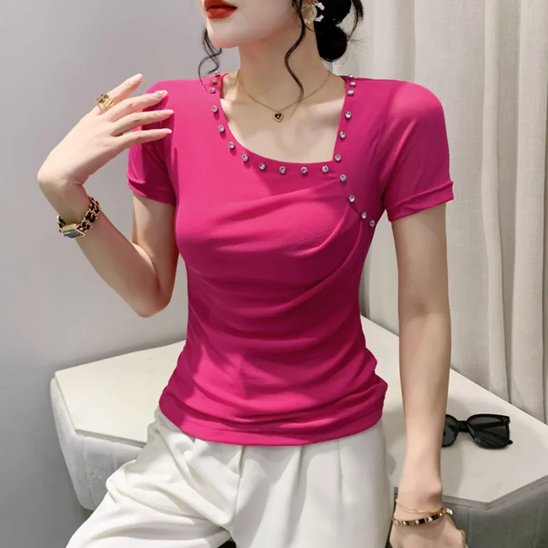 

#6507 Summer Skew Collar Diamonds Mesh T Shirt Women Short Sleeve Sexy Tight Irregular Streetwear Short Tshirt Thin Korean Style