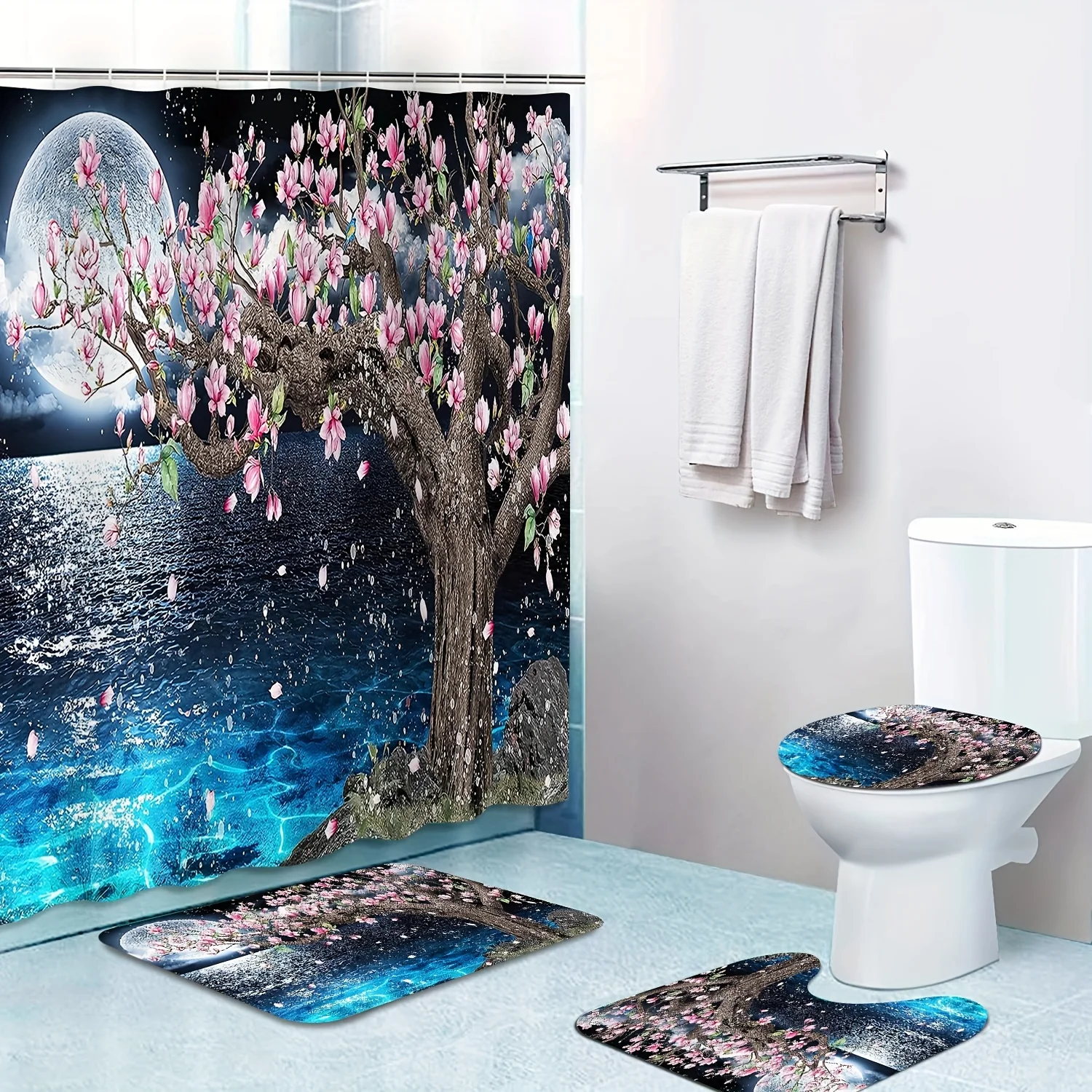 

4pcs Sparkling Sky Peach Blossom Bathroom Shower Curtain Flannel Sponge Bath Mat Set Non Slip Mat Bathroom Carpet Toilet Lid Mat