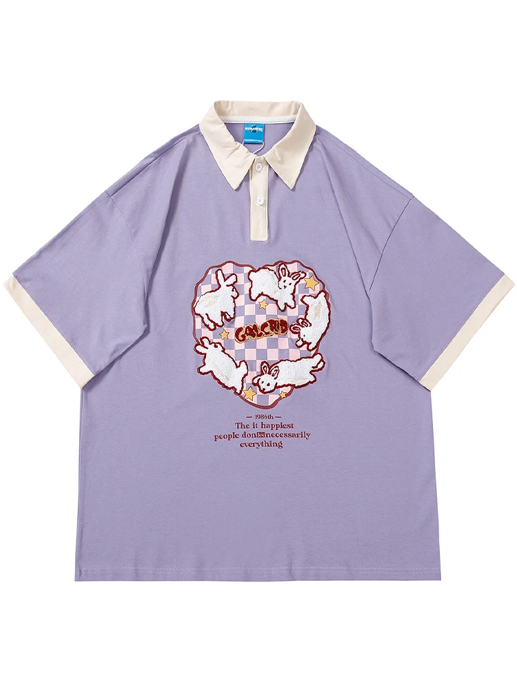 Moishe Tide Chessboard Plaid Rabbit Contrast Color Short sleeve Polo Shirt Men and Women Summer Loose Couple Half Sleeve T-shirt