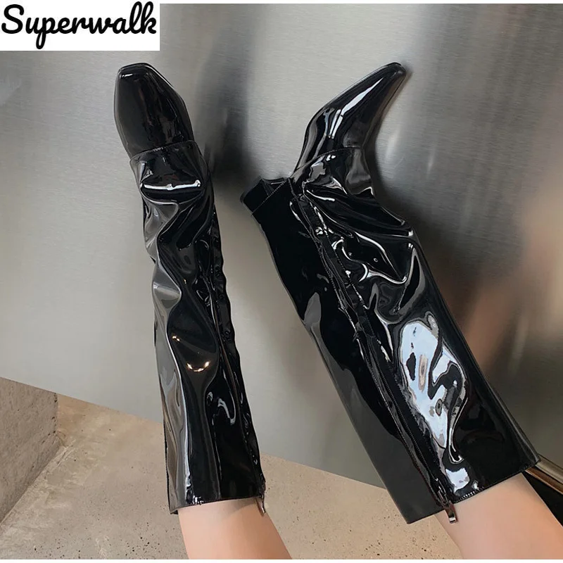 

Woman Knee High Boots Pointed Toe Low Heels Autumn Woman Shoes PU Leather Zip Female Fashion Long Boots Party Dress Ladies Shoes