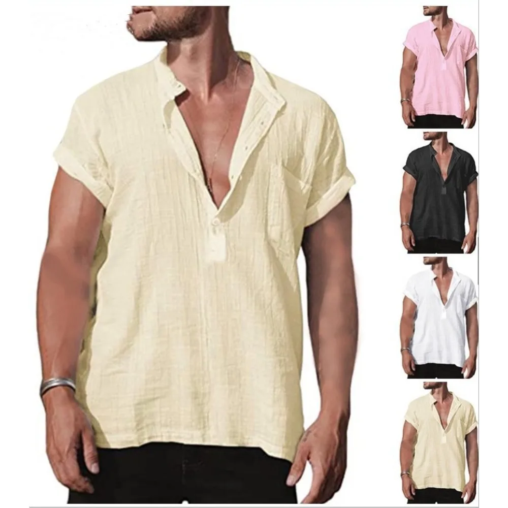 

Рубашка мужская с воротником-стойкой, Льняная блуза с короткими рукавами, свободного покроя, Повседневная Уличная одежда, серый цвет, на лето