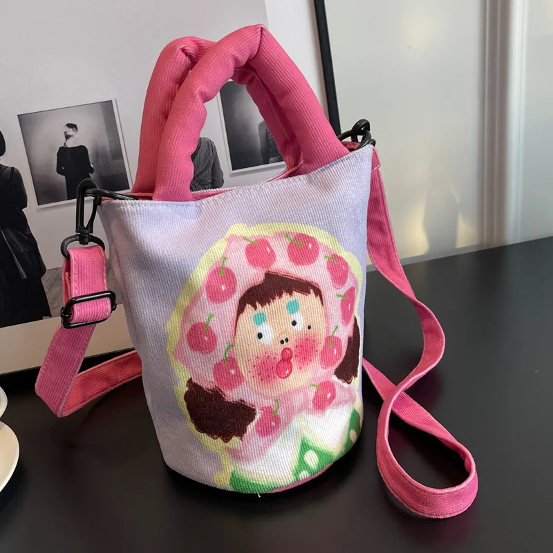 

Cute Cartoon Pattern Women Canvas Bucket Shaped Shoulder Bag Magnetic Buckle Tote Female Cross Body Hand Carry Bags 2023