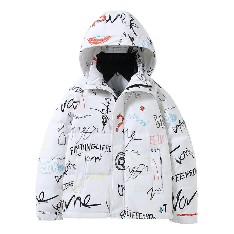 Winter new printed tide brand down jacket men's thickened warm hooded couple casual graffiti bread jacket