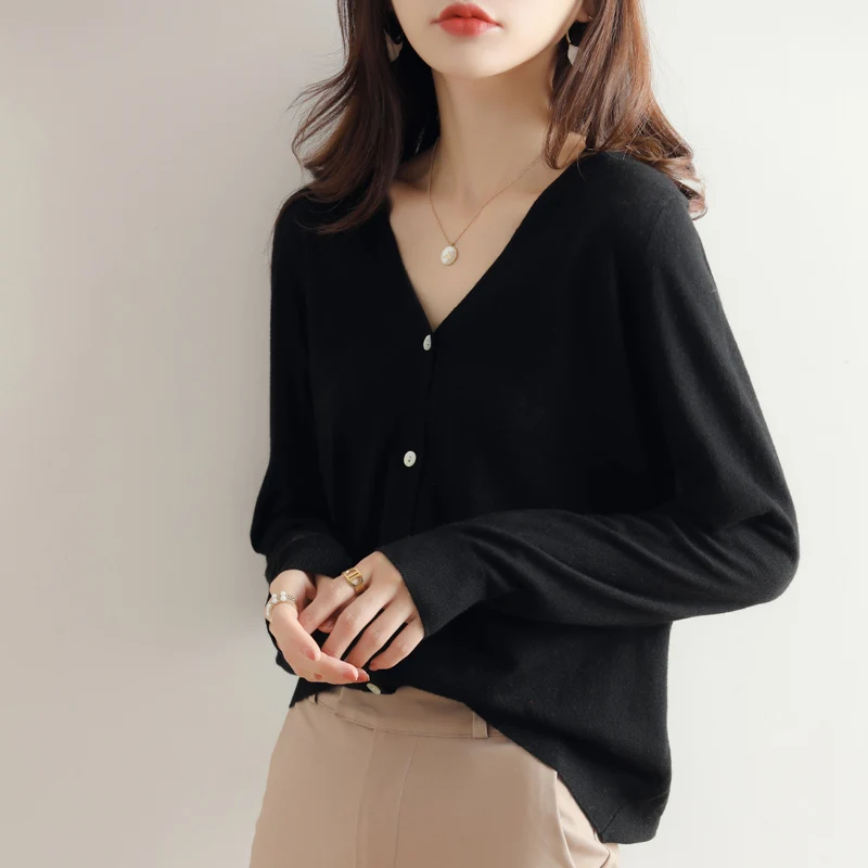 

2023 Wool Knitted Cardigan Women's Fashion V-neck Pure Color Bottom Coat Spring and Autumn Long-sleeved Thin Casual Basic Top