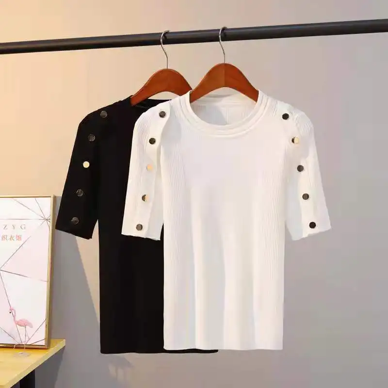

Retro T-Shirt Women's Summer Shirt Round collar Button knitted Basic T-shirt Solid Color Black and White lady casual Short short