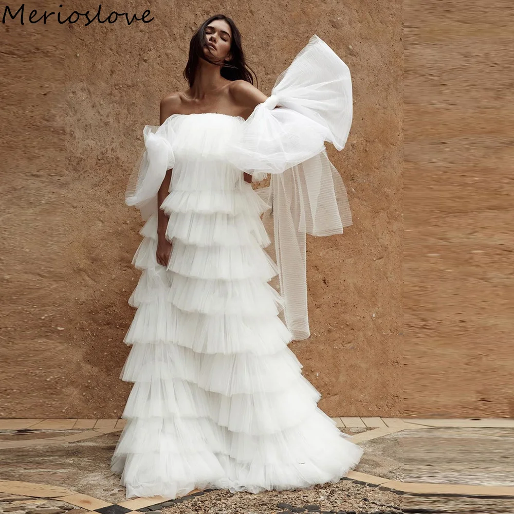 

Merioslove Beach Tiered Ruffles Tulle Wedding Dresses Off the Shoulder Pleat Ruched A-Line Bridal Gowns Boho Bride Dress 2024