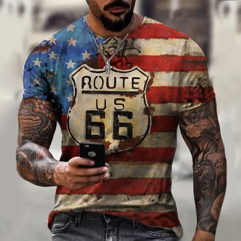

Мужская футболка с коротким рукавом в стиле ретро, футболка с 3D принтом на Route 66 в США, с круглым вырезом, Большая одежда
