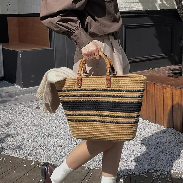 

Vintage Striped Straw Women Handbags Bamboo Handle Large Basket Bag Cotton Rope Woven Summer Beach Bags Casual Big Bali Purses