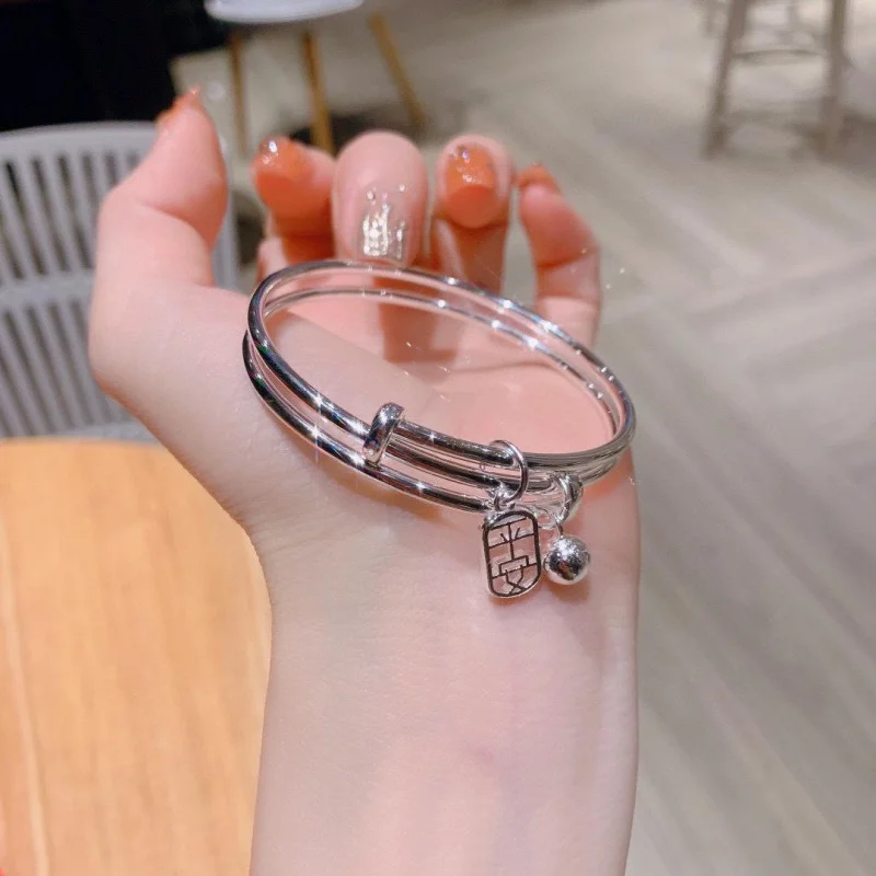 

Pure Silver Push-Pull Double-Line Safety-Blessing Card Bracelet Female Pure Silver Bracelet Solid Young Gift for Girlfriend Vale