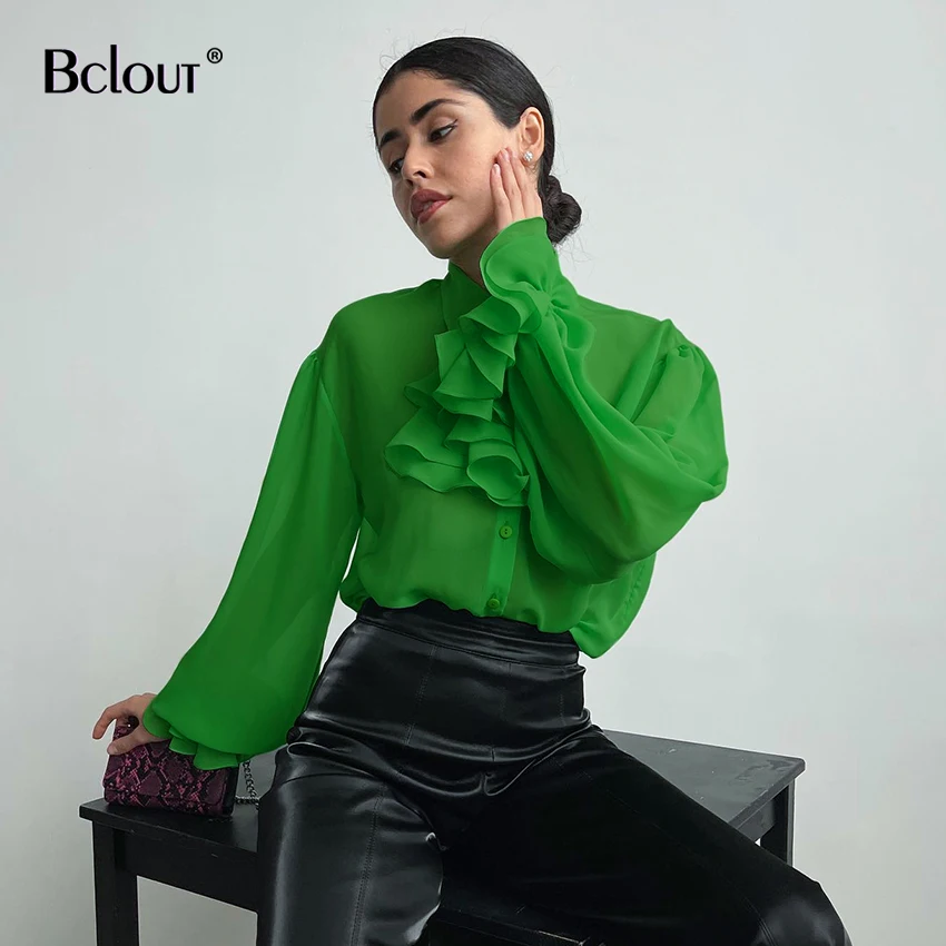 

Bclout Elegant Chiffon Green Shirt Lantern Sleeve Ruffle Fashion Women' Blouses Casual Office Lady Vintage Apple Green Top Woman