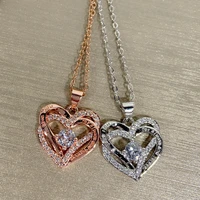 classic double heart crystal pendant necklace silver color filled white cz zircon bridal necklace wedding jewelry charm chain