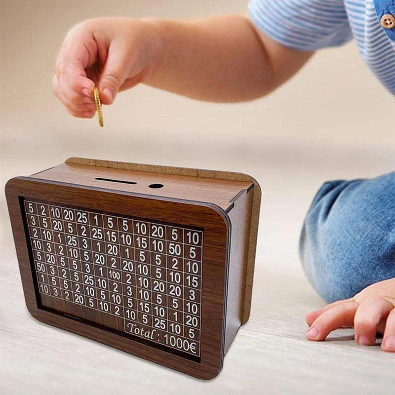 Wooden Piggy Bank Reusable Handmade Money Box with Saving Goal and Numbers To Check for Helps The Habit of
