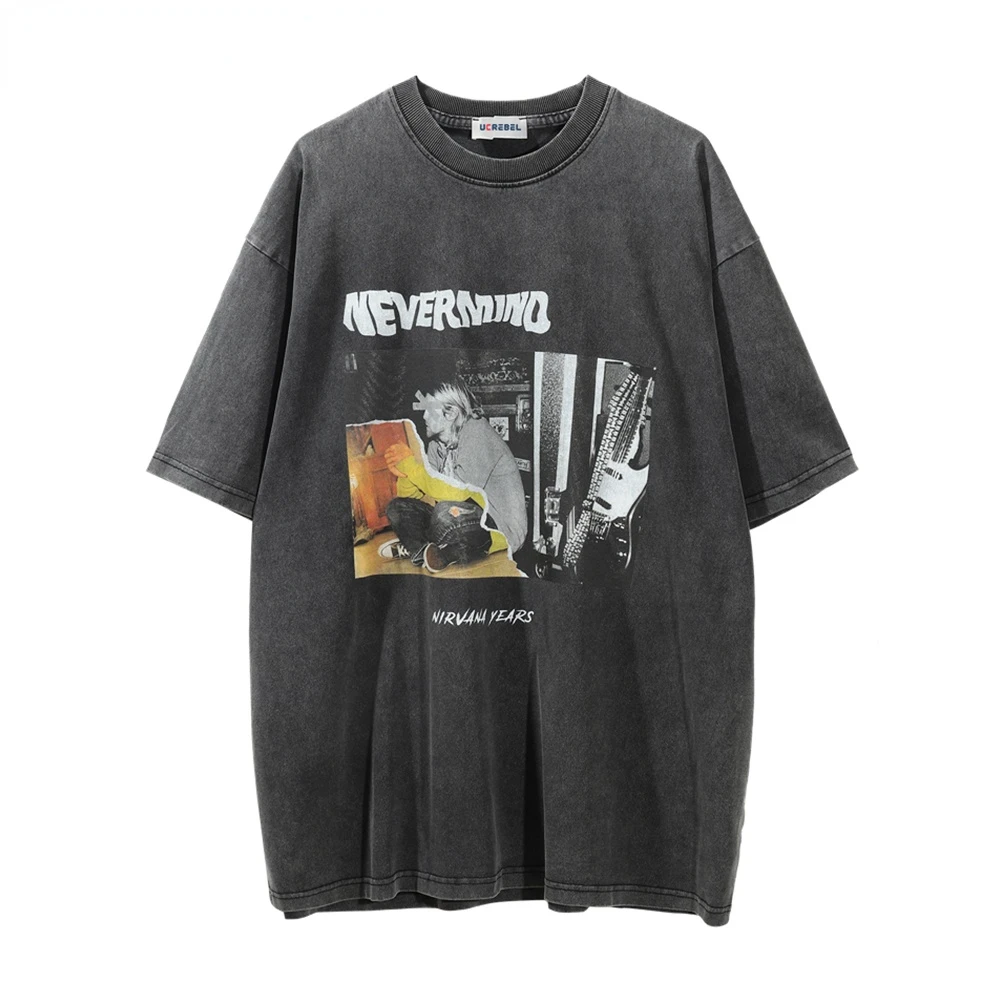 

Portrait Print Short Sleeve T-shirt Mens Streetwear Distressed Cotton Tee High Street Summer Loose Crew Neck Half-Sleeve Men