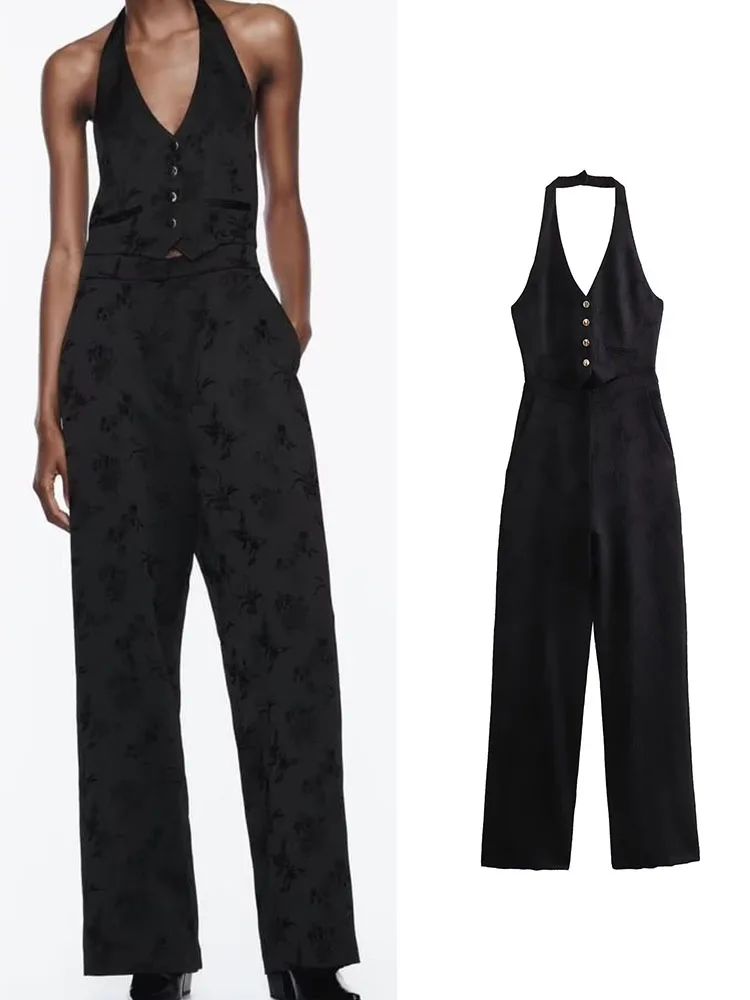 

TRAF 2023 Autumn New Women's Temperament Hanging Neck Collar Vest Jumpsuit Pants Fashion Backless Elegant Black Jumpsuit