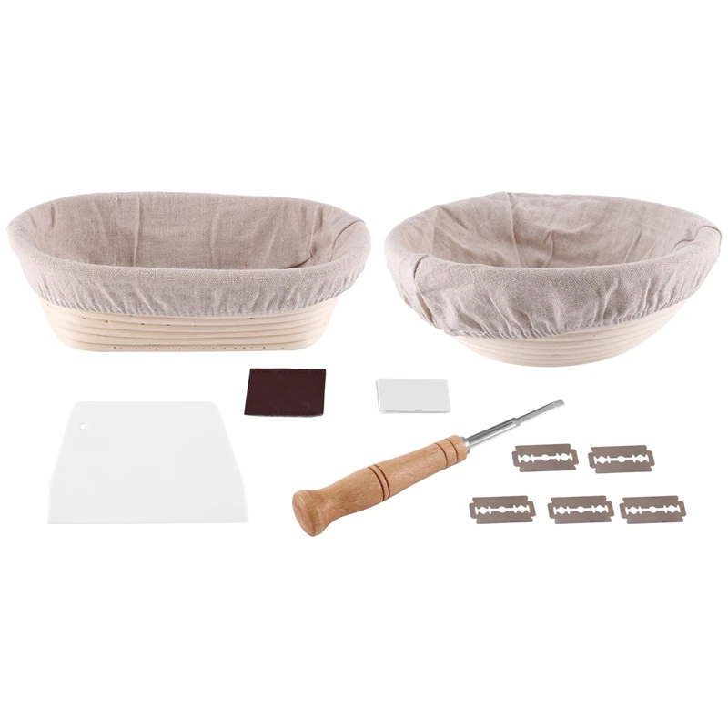 

Sourdough Proofing Basket Of 2-10 Inch Oval, And 9 Inch Round+Premium Bread Lame And Slashing, The Perfect Baking Bowl