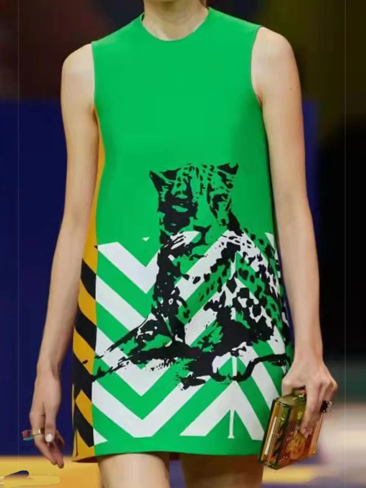 

Fashion Runway 2022 Summer Mini Dress Women Green The Leopard Printed Sleeveless Elegant Party
