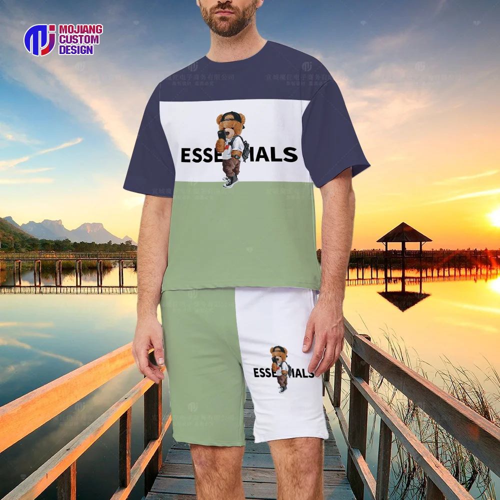 2023 Summer Colorblock T-Shirt and Shorts Set Luxury Brand Short Sleeve Men's Brand Bear Print Top T-Shirt Set of 2