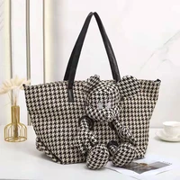 large capacity 43cm tote bag luxury houndstooth shopper bag cute designer canvas with leather women handbag