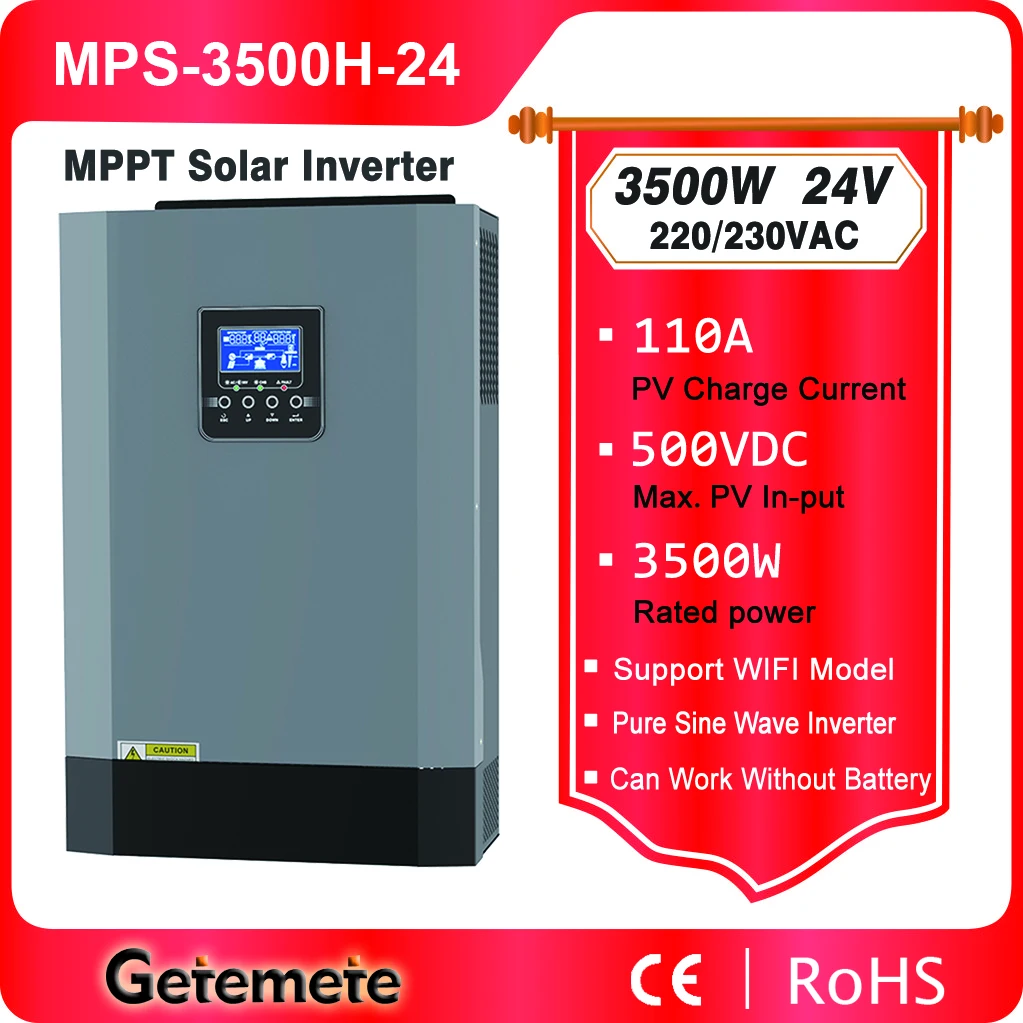 

GTMT 3500W Hybrid Solar Off Grid Inverter 24V Pure Sine Wave 3.5KW Inverter with MPPT 110A Charger 500VDC PV Input 220VAC 48VDC