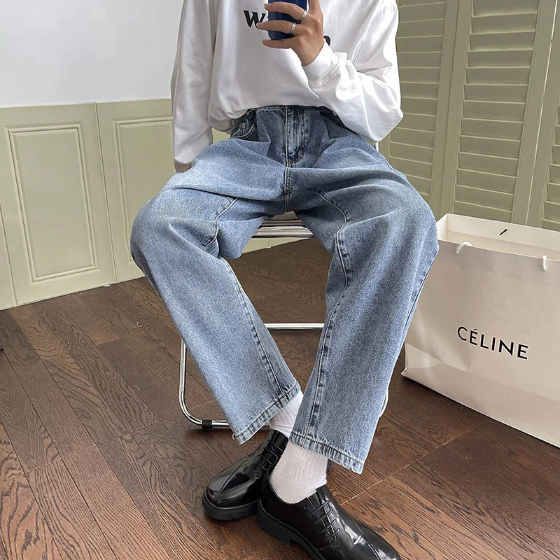 Korean Style Blue Jeans Men's Fashion Casual Straight Jeans Men Streetwear Loose Wide Legs Denim Pants Mens Trousers S-XL
