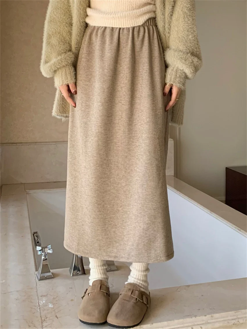 

HziriP 2022 Winter Slim Straight Long Dress Women Knitted Chic Split Hot Loose Gentle Warm Plush Velvet Office Lady Elegant
