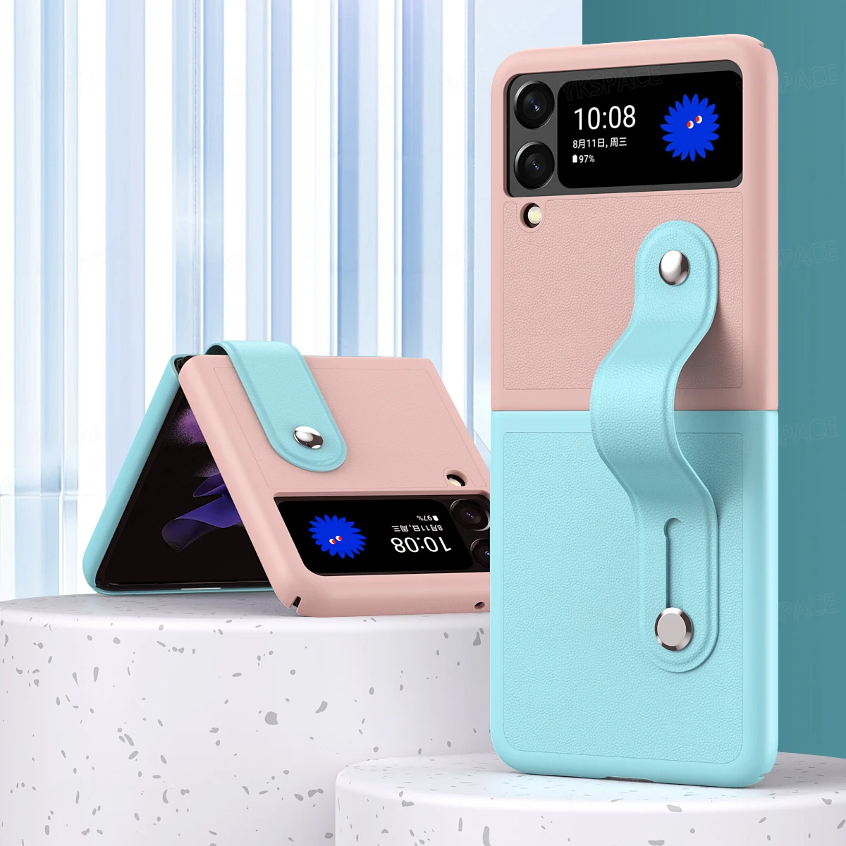 

Contrast Color PU Leather Wrist Strap Case For Samsung Galaxy W23 W24 Z Flip 5 4 3 Wristband Stand Holder Shockproof Phone Cover